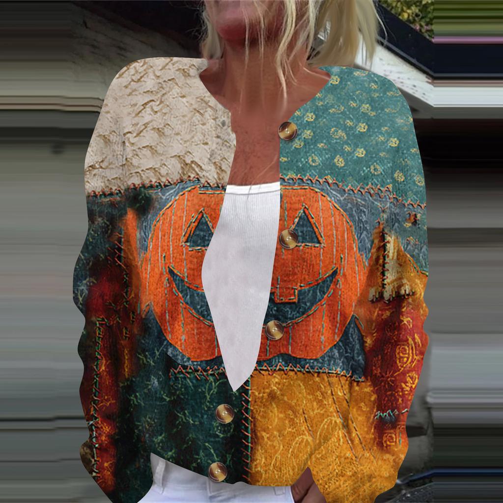 Women's Fashion Printed Long Sleeve Knitted Cardigan Button Down Jacket