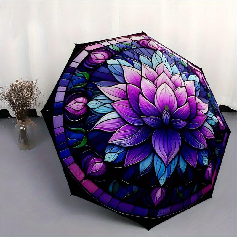 1pc Lotus StainedGlass Compact Travel Umbrella, Automatic Folding Lightweight Windproof 8-Bone Reinforced Design, Portable for Backpack Dura