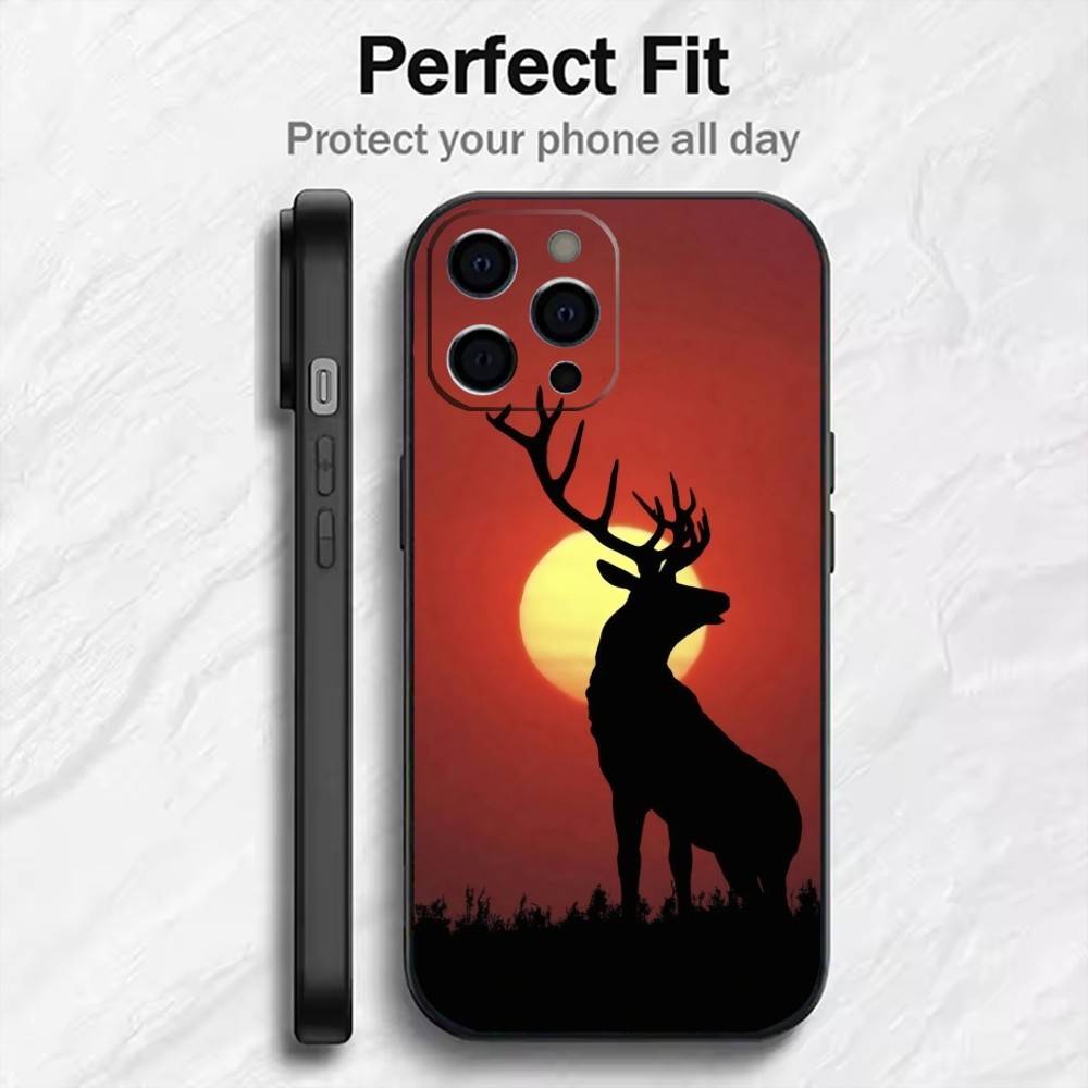 Glücklicher Hirsch Segne Dich Druck Handyhülle Für iPhone17,16,15,14,13,12 Plus,Max Weiches Silikon Schwarze Hülle