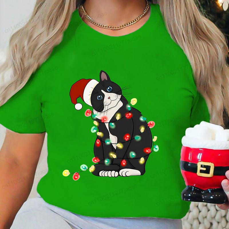 Christmas Black Cat Printed T-shirt Men's and Women's Casual Short Sleeved T-shirt Christmas Travel Pattern Printed Top T-shirt Clothing