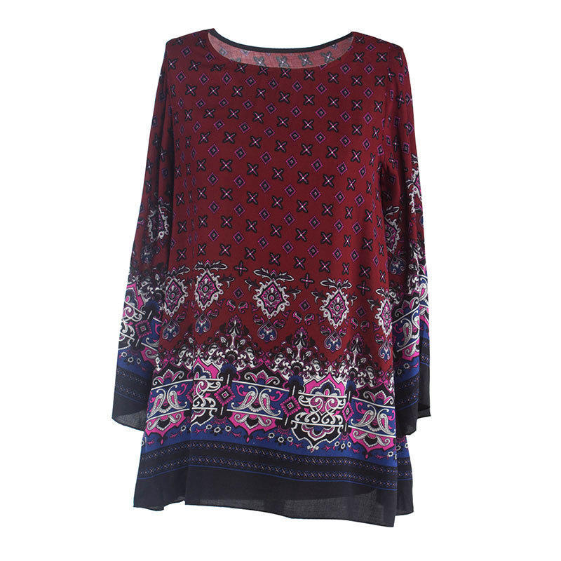 Amazon spring and summer beach skirt cross-border women s top ethnic loose print long-sleeved bohemian dress S красный