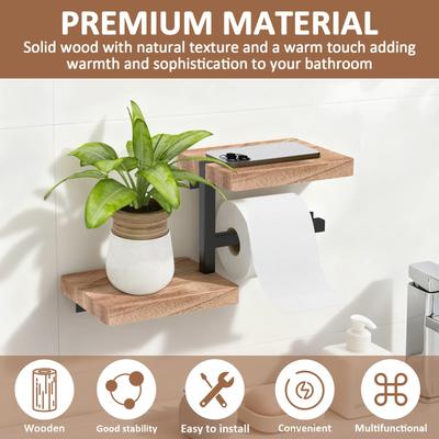Toilet Paper Holder with Wooden Shelf Wall Mounted Tissue Roll Dispenser Hanger Decorative Bathroom Bar Kitchen Accessories
