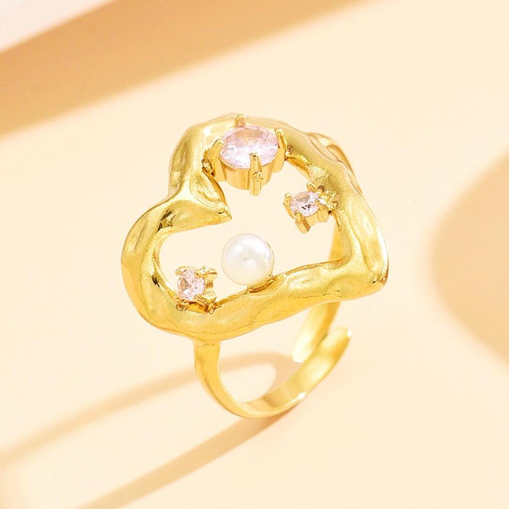 Fairy Sweet Heart Hollow Stainless Steel Adjustable Ring with Colorful Zircon