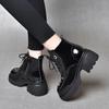 Round head platform short boots women's first layer cow patent leather lace-up Martin boots muffin and letter high-top shoes women's cotton shoes