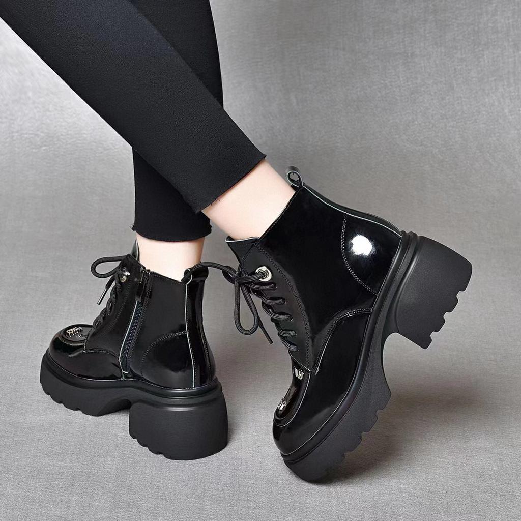 Round head platform short boots women's first layer cow patent leather lace-up Martin boots muffin and letter high-top shoes women's cotton shoes