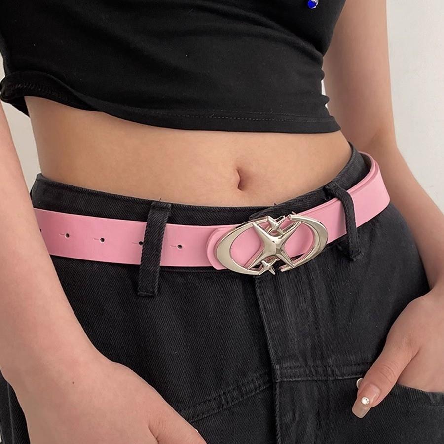 Simple Starry Summer Pink Pu Belt With Alloy Buckle For Women