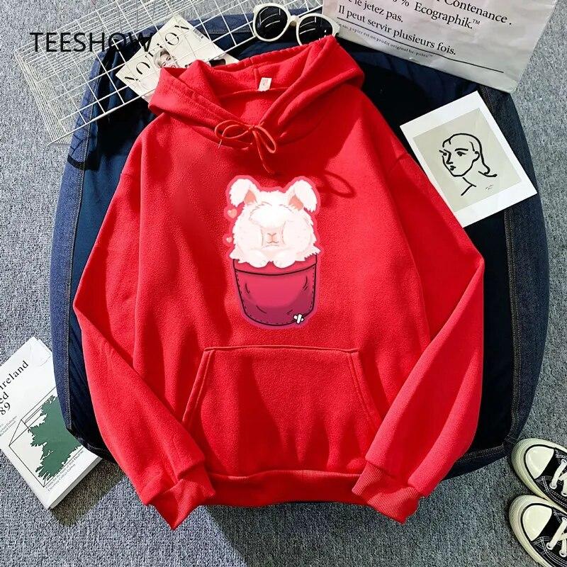 Angora Rabbit Pocket Hoodies WoUnisex Fashionable Hooded Sweatshirt Fleece Warm Pink Streetwear Hoody Autumn Unisex Clothes