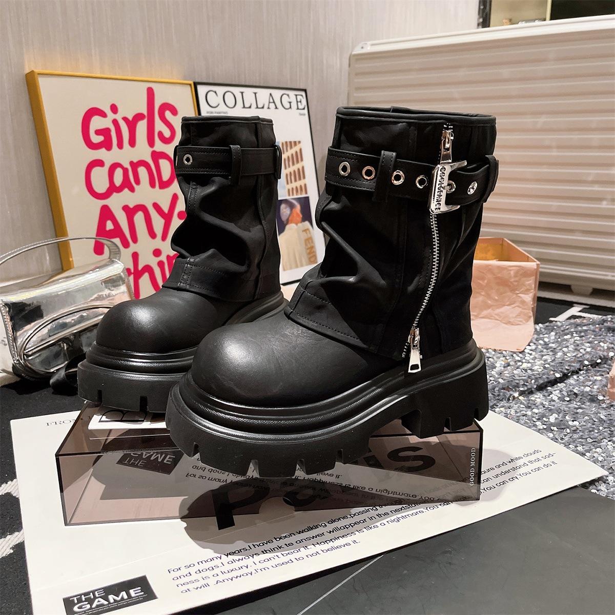 

British style platform short boots 2025 autumn new trendy cool Spice Girl style metal belt buckle trousers stacking boots women s shoes 40 чорний