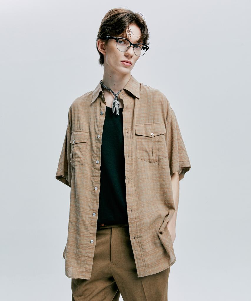 SSY [2Pack] Washed Check Linen 2-Pocket Loose Fit Half Shirt