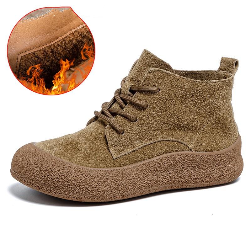 Mode Stiefeletten Damen Echtes Leder Runde Zehe Lässig Schnürstiefel Flach Winterstiefel Damen Rutschfest Große Größe Fell Kurze Stiefel Damen