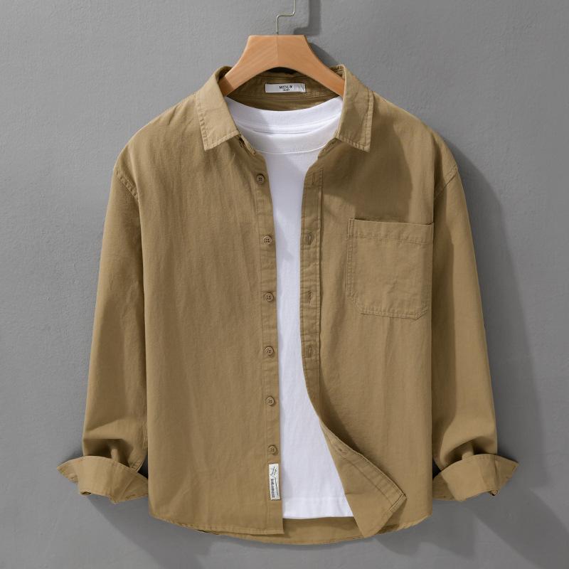 Spring and Summer Long Sleeve Mens Shirts Korean Version Solid Color Slim Shirts Comfort Pure Cotton Turn Down Collar Solid Color Casual Tops