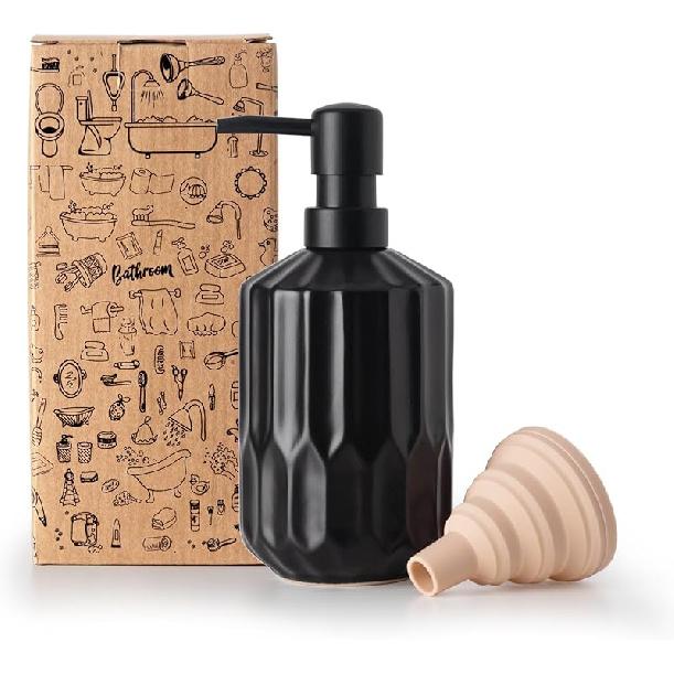 Fun Elements Bathroom Soap Dispenser, 16 Oz Luxurious Hand soap Dispenser for Bathroom, Ceramic Soap Dispenser for Bathroom Countertop with Plastic 1pcs All-black