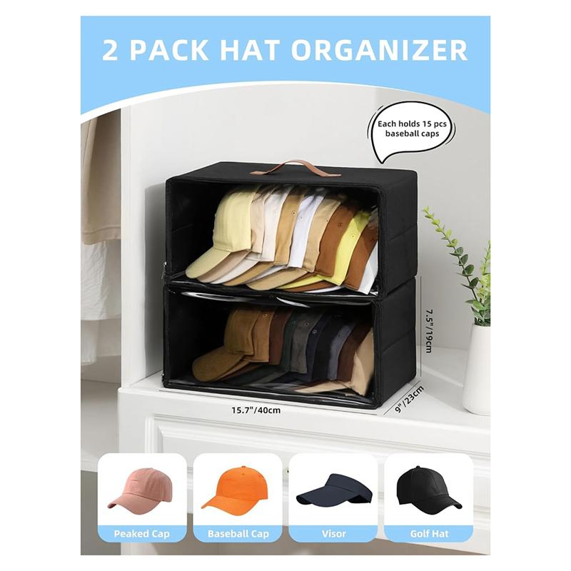 A25F-For Baseball Caps Front-Opening Hat Organizer 2 Pack, Stackable Rigid Clear Window Hat Storage Box