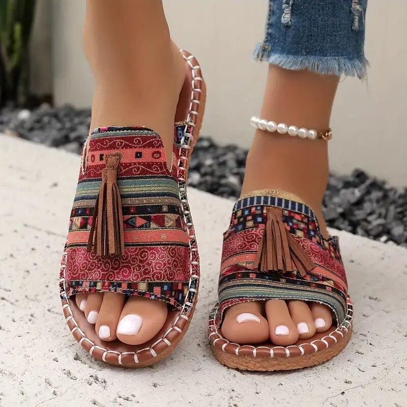 Fashion Flat-bottomed Slippers Women's Outer Wear 2025 Summer New European and American Tassel Women's Drag 43 Beach Sandals