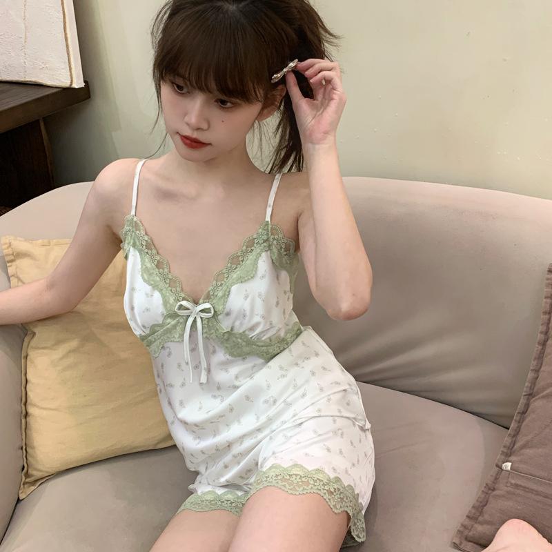 1111 New Pajamas Women's Summer Thin Sexy Lace Hollow Suspender Set Spring and Autumn Wear Large Size Loungewear