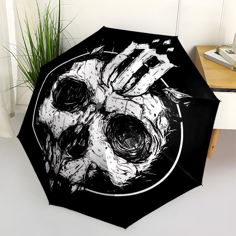 1pc Skull Emblem Automatic Folding Umbrella - Windproof Compact Travel Umbrella with Auto Open/Close, 8-Rib Heavy-Duty Shaft for Women/Men A040