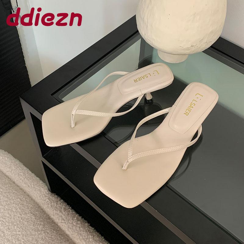 Fashion Fashion Square Toe Ladies Medium Heels Slippers Shoes Spring Summer Female Flip flops Slides Sandals Women Heeled Slippers Pumps
