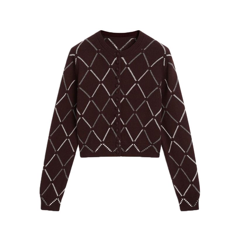 Spring New Women's Clothing Commute Style Single-Breasted Wool Blended Diamond Pattern Knitting Cardigan 5661643