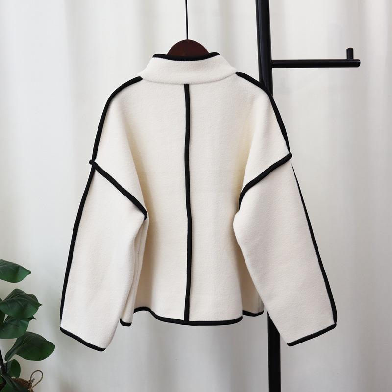 Stand-up Collar Knitted Double-sided Cardigan Autumn and Winter New Contrasting Colors High-end Temperament Sweater Jacket Women