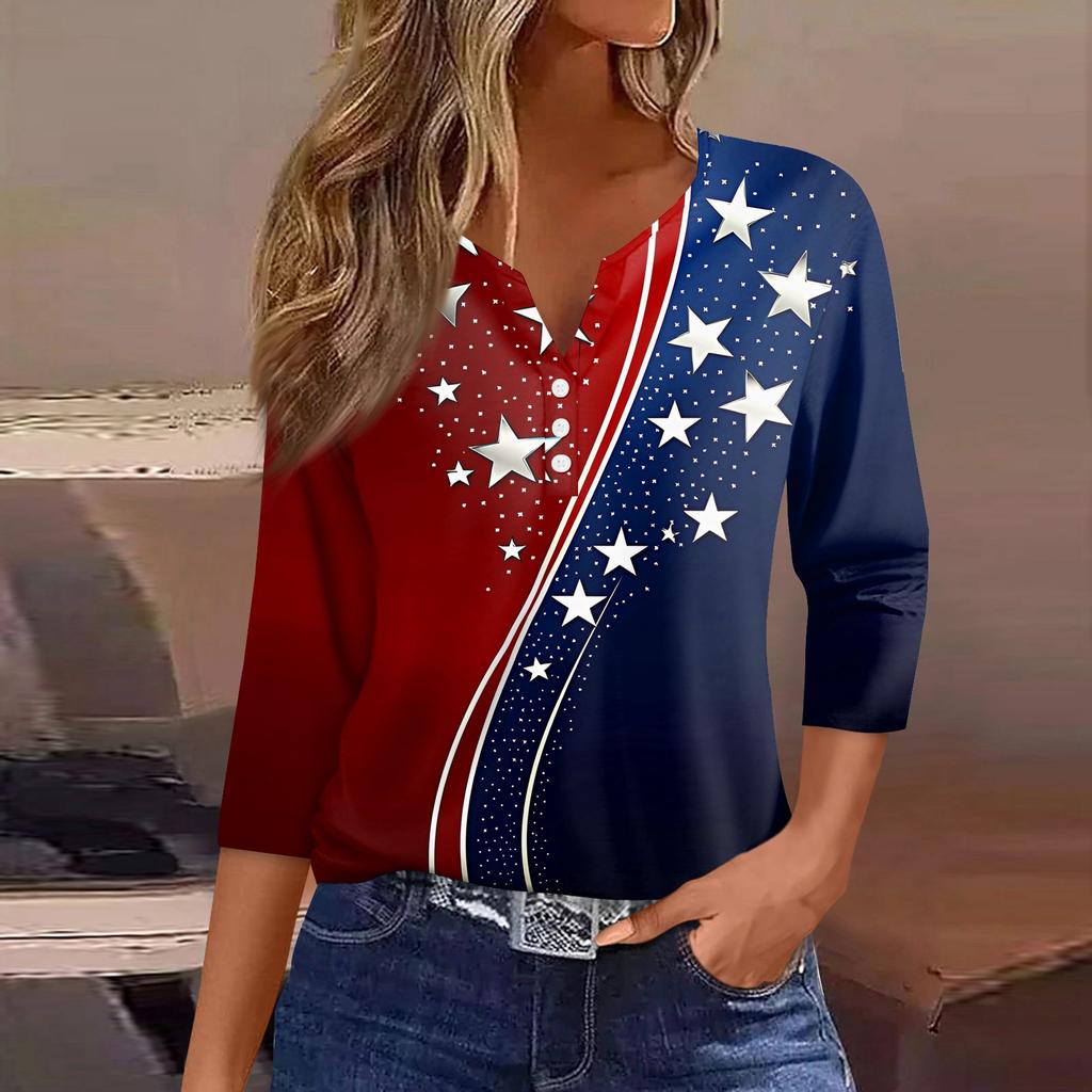 Women's T Shirt Independence Day Print Button 3/4 Sleeve Daily Weekend Fashion Basic V- Neck Regular Top