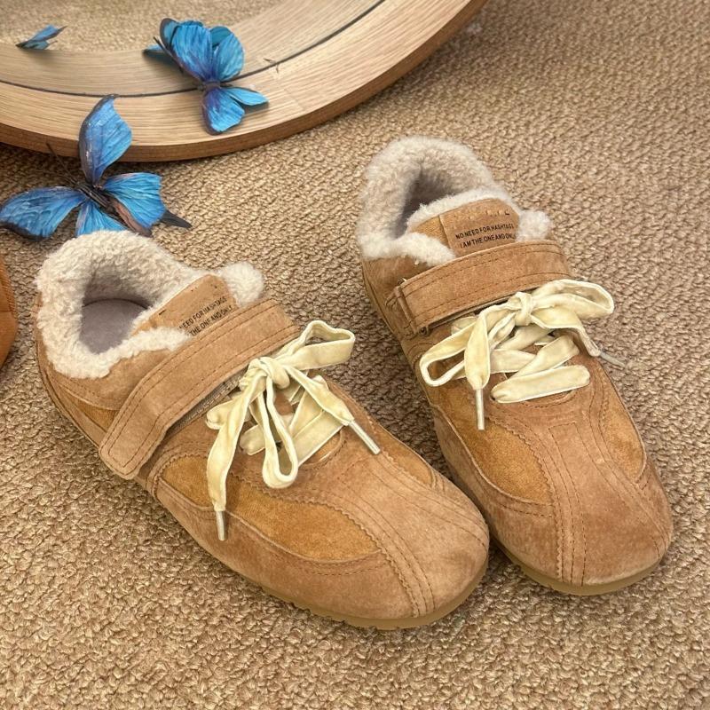 Fashion Winter New Flat Cotton Shoes Women's Fashion Round Head Splicing Suede Front Lacing Soft Sole Anti-slip Low-top Shoes