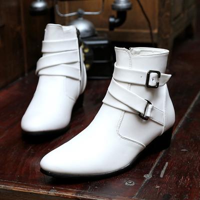 Fashion Luxury Leather Chelsea Boots Men Designer White Dress Boots Men Casual High Top Buckle Strap Formal Shoes Men Motorcycle Boots