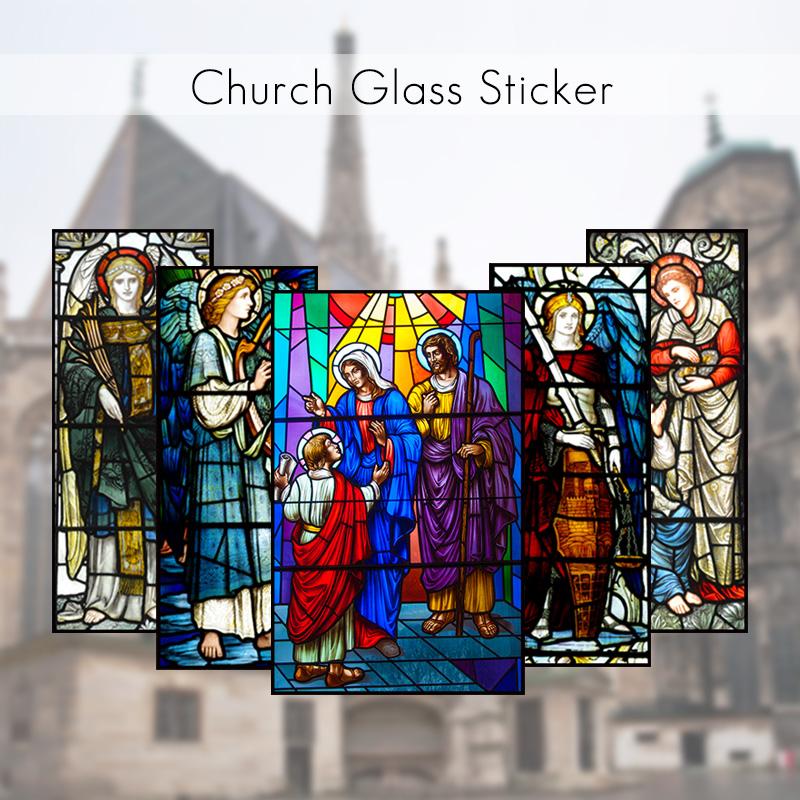 Pellicola Vetro Colorato Statico Stile Vintage Arte Sacra Adesivi per Finestre PVC Autoadesiva Pellicola Cristiana Europea Classica