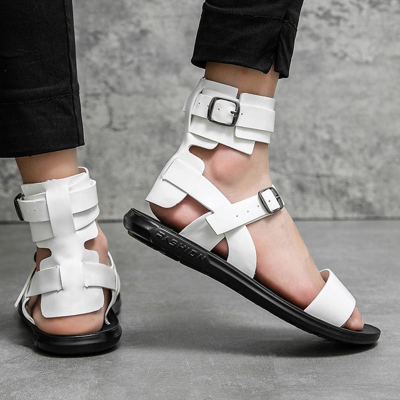 Summer New Men Gladiators Black White Punk Rock Patent Leather Casual Shoes Breathable Beach Sandals Outdoor Slippers Plus Size