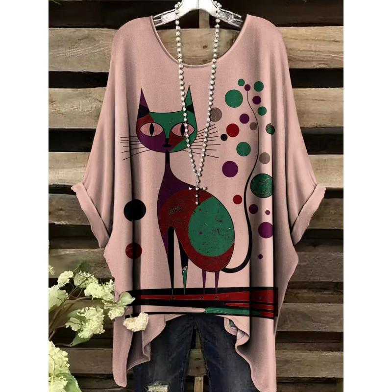 Camiseta Retro para Mujer Gráfico de Gato Anime Ropa de Chica Verano Cuello Redondo Manga Corta Camisetas Femeninas Harajuku Streetwear Blusa Oversized