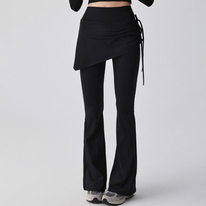 Women's High Waist Slim Fit Flared Yoga Pants - Faux Two-Piece Style with Side Drawstring for Hip Coverage