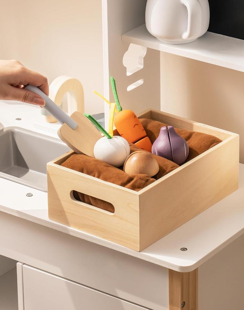 Robotime Play Kitchen Wooden Kids Play Kitchen Playset with Cutting Toy Food Set Toddler Gardening Sets for Boys Girls Ages 3+