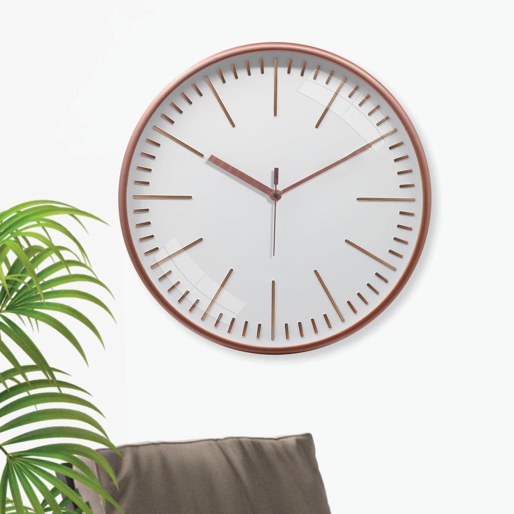 Embossed Metallic Analog Wall Clock, Silent Sweep, Line Time Indicator (12 Inches, Copper and White)