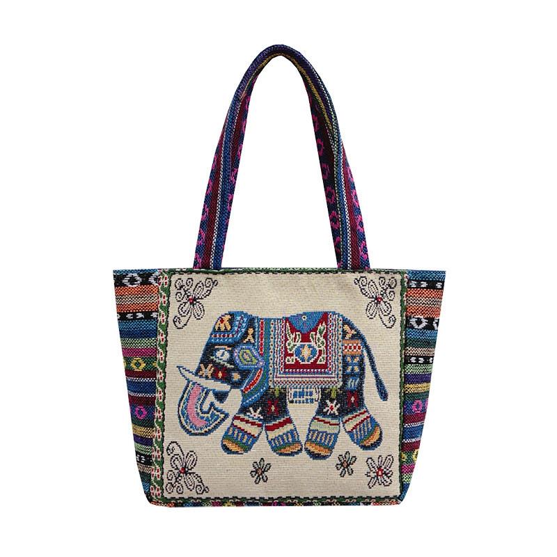 Cartoon Elephant Owl Canvas Handbag With Embroidery For Daily Casual Use