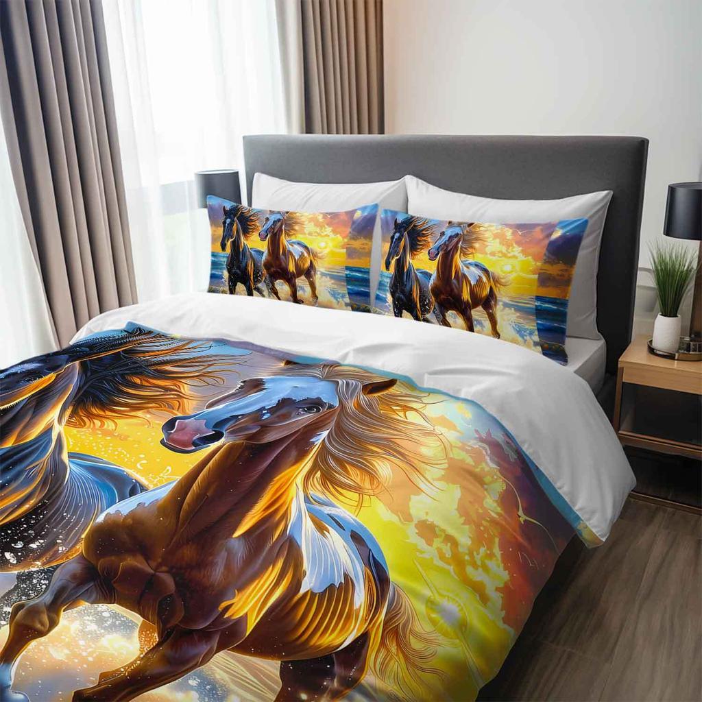 3pcs Sunset Horses Running in Ocean Bedding Duvet Cover Set Horses Bedding Quilt Set Ocean Themed Bed Quilt Set Romantic Horses