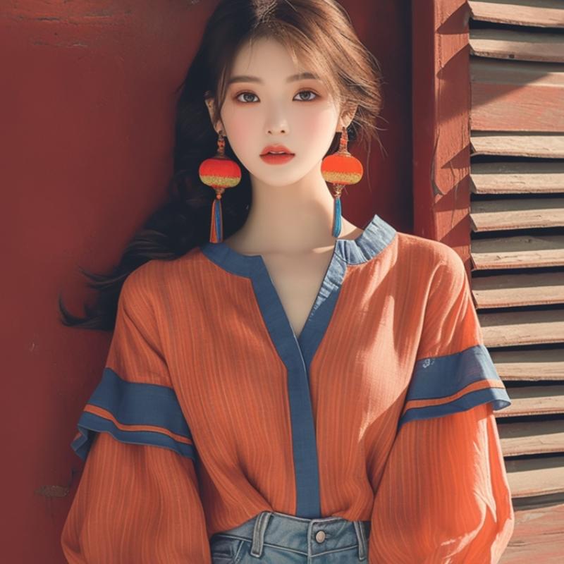Vintage Satin Women's Blouses Spring/Summer Patchwork Women Shirts Loose Fashion Long Sleeves Tops Korean Clothing