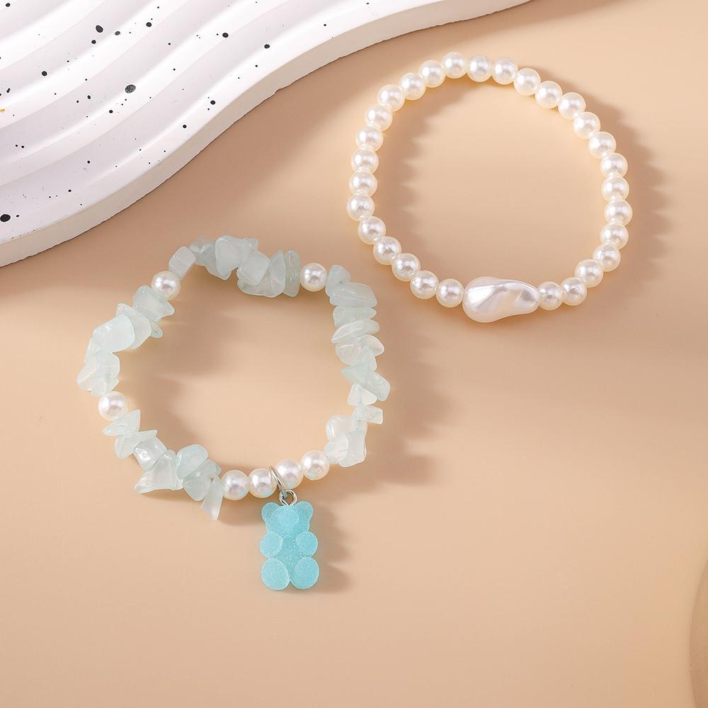 2pcs Cute Gummy Bear Bracelet for Women Handmade Stone Pearl Beaded Bracelets Girls Party Jewelry Gift