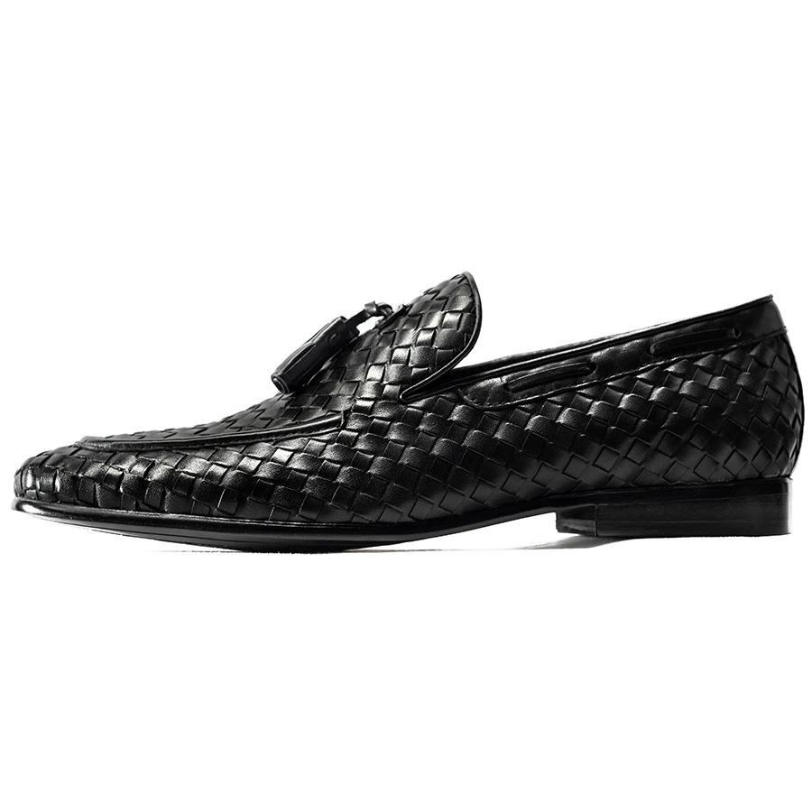Fashion Top Quality Weave Pattern Full Grain Leather Men Business Wedding Dress Shoes Slip On Tassel Elegant Men Leather Formal Loafers
