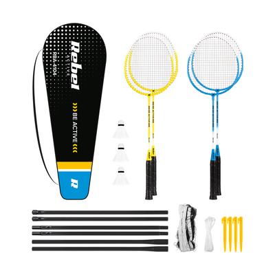 Badminton-Set mit Stahlnetz, 4x Schläger, 3x Federbälle, Netz, Rebel-Tasche