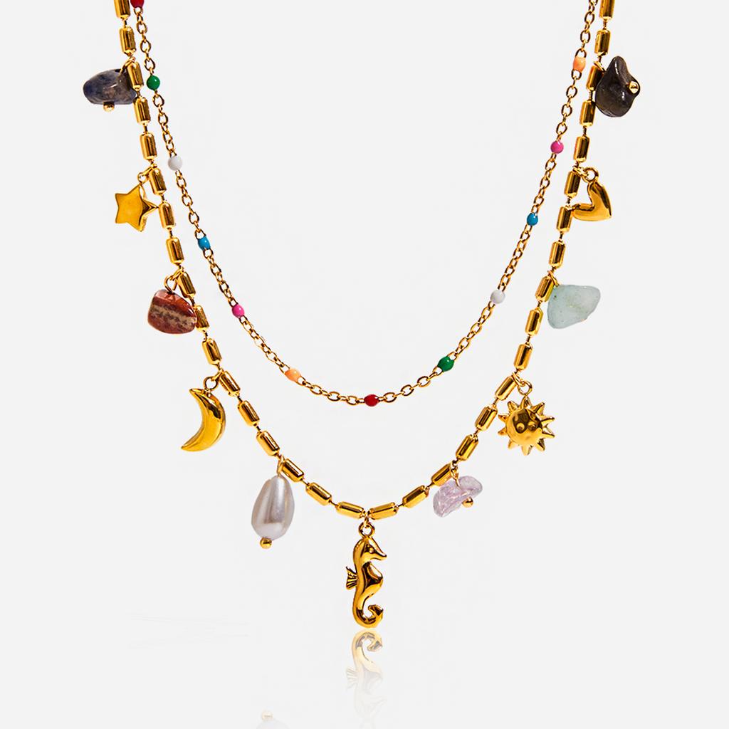 Youthway Stainless Women Double Layers Oil Drip Necklace Ocean Style Inlaid Natural Stone Seahorse Pendant Vacation Accessories