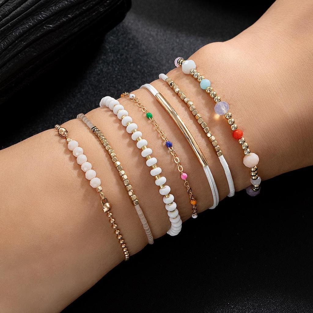 Conjunto de Pulseiras Elásticas com Contas de Cristal e Arroz Personalidade Estrela da Moda Transfronteiriça para Mulheres - 6 Peças
