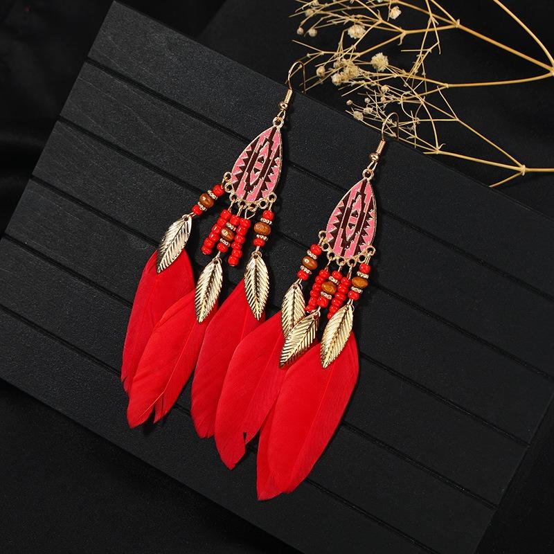 Retro Feather Fringed Earrings Women's Niche Personality Bohemian Blue Long Yunnan Travel Photography Earrings