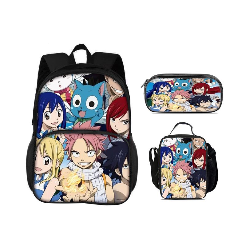 FAIRY TAIL Round Front Bag Backpack Pen Bag Ice Bag 3Pcs Set Cartoon Anime Printed Student Boys and Girls New Versatile