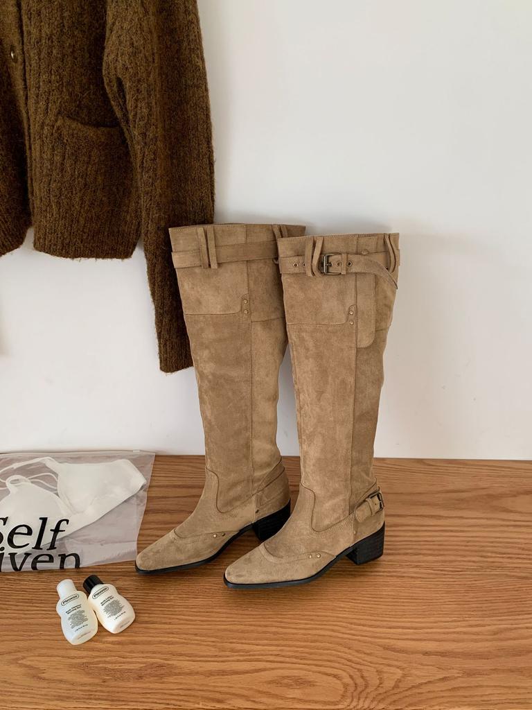 2025 Retro Western Cowboy Boots Thick Mid-heel Boots Niche Design Wide Tube Circumference Square Head Belt Buckle Stacking Boots