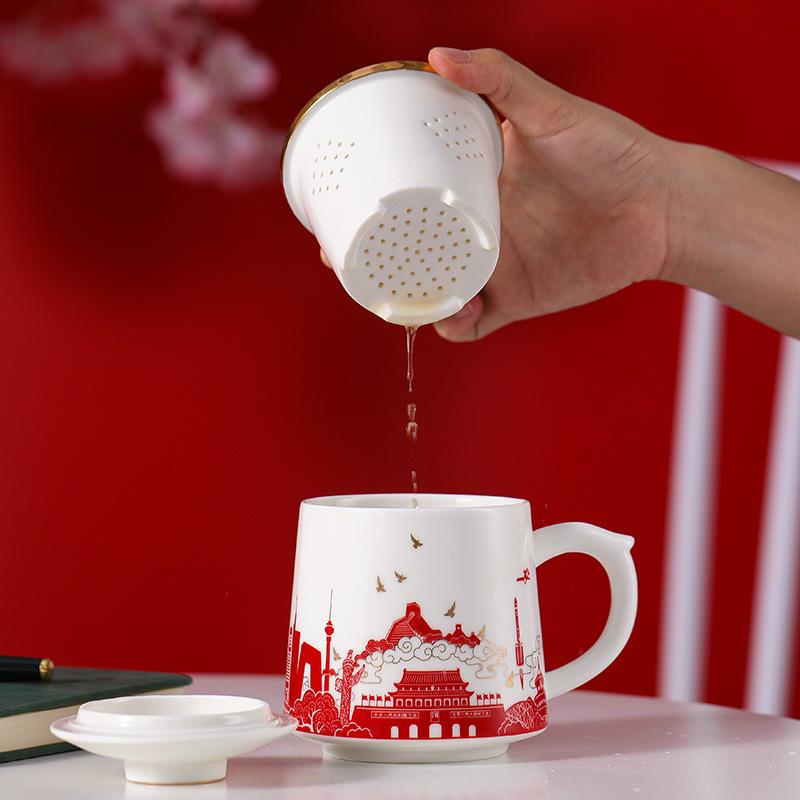 Chinese Style Ceramic Tea Cup with Lid, Filter, and Logo