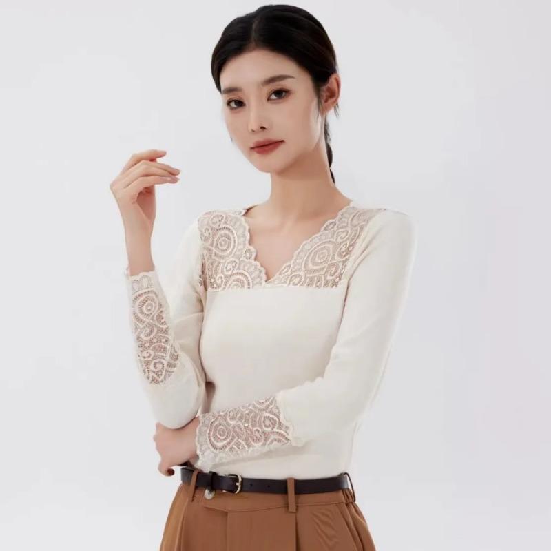 New Long-sleeved Black Thermal Top Simple and Versatile Inner T-shirt Slim Fit Lace Shirt for Women