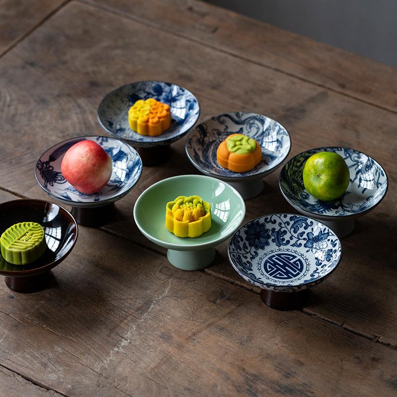 Antiker blau-weißer Dessertteller mit hohem Fuß, Obsthalter, chinesischer Gebäckteller, Tablett, Keramik-Obst-Sanck-Teller, Service-Tablett