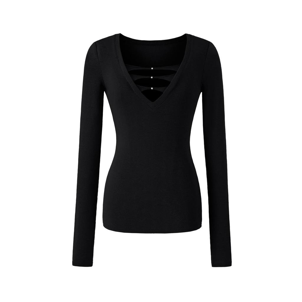 Spicy V-neck Pearl Hollow Long Sleeve Knit T-shirt - Women's Autumn Winter Slim Fit Base Layer