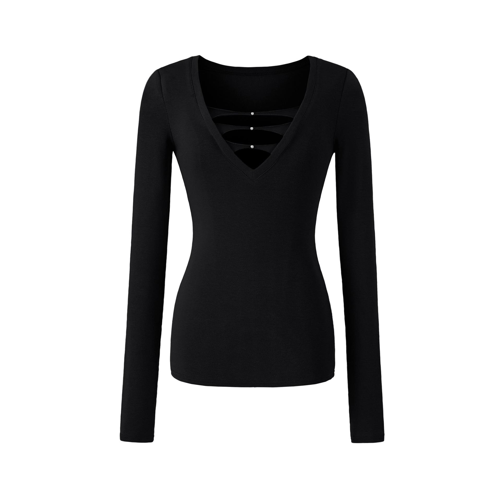 

Spicy V-neck Pearl Hollow Long Sleeve Knit T-shirt - Women s Autumn Winter Slim Fit Base Layer Small