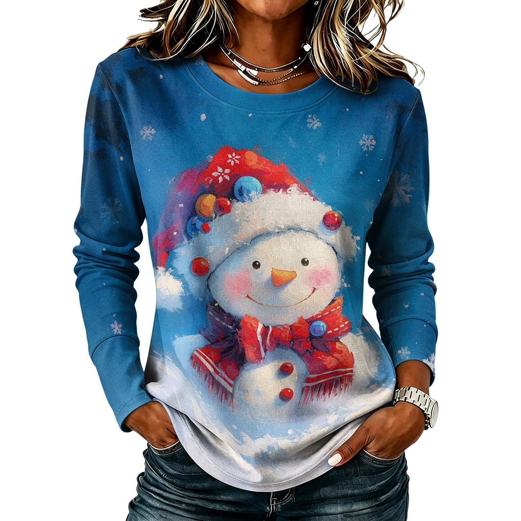 Women's Stylish Casual Christmas Print Long Sleeve Neck Top for Winter Holiday