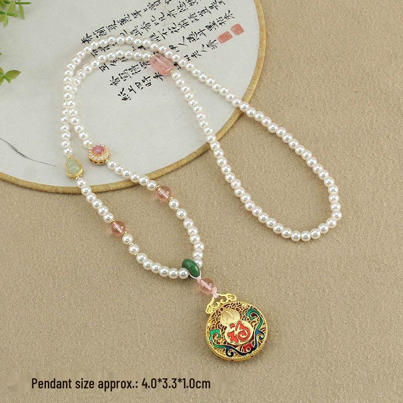 Retro Five Blessings Imitation Pearl Necklace with Cloisonné Pendant - Chinese Style Long Beaded Accessory